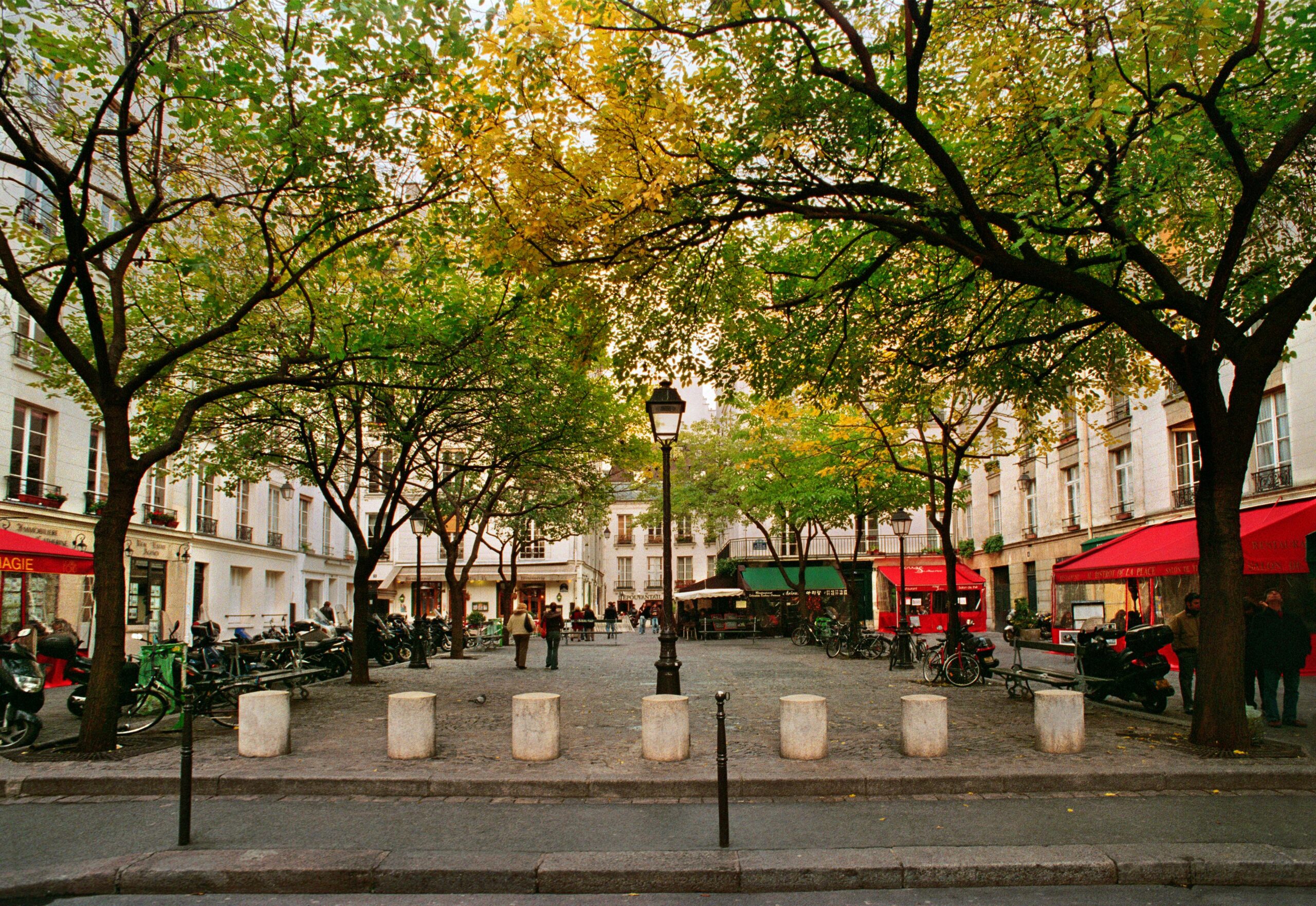 Scenic view of a quaint Parisian plaza with autumn trees and bustling cafes.